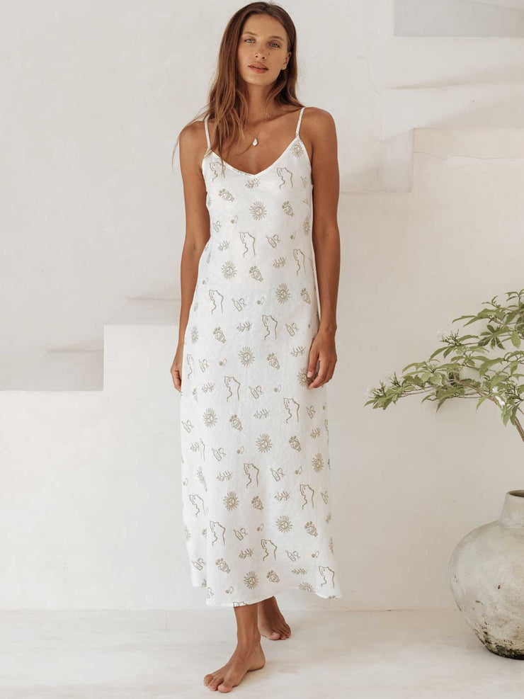 Free the Label Amalfi Maxi Dress Rizz Print White Sage Linen Bias Cut Meadow Store