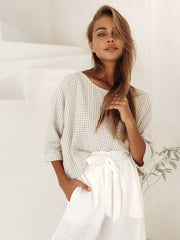 Free the Label Azores Top Gingham Beige and White