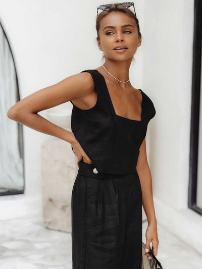 Free the Label Square Neck Crop Tank Top Black Linen Meadow Store